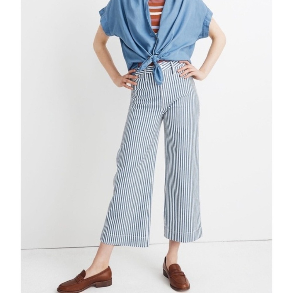 Madewell Blue White Striped Wide Leg Crop Pants High Rise Size 28